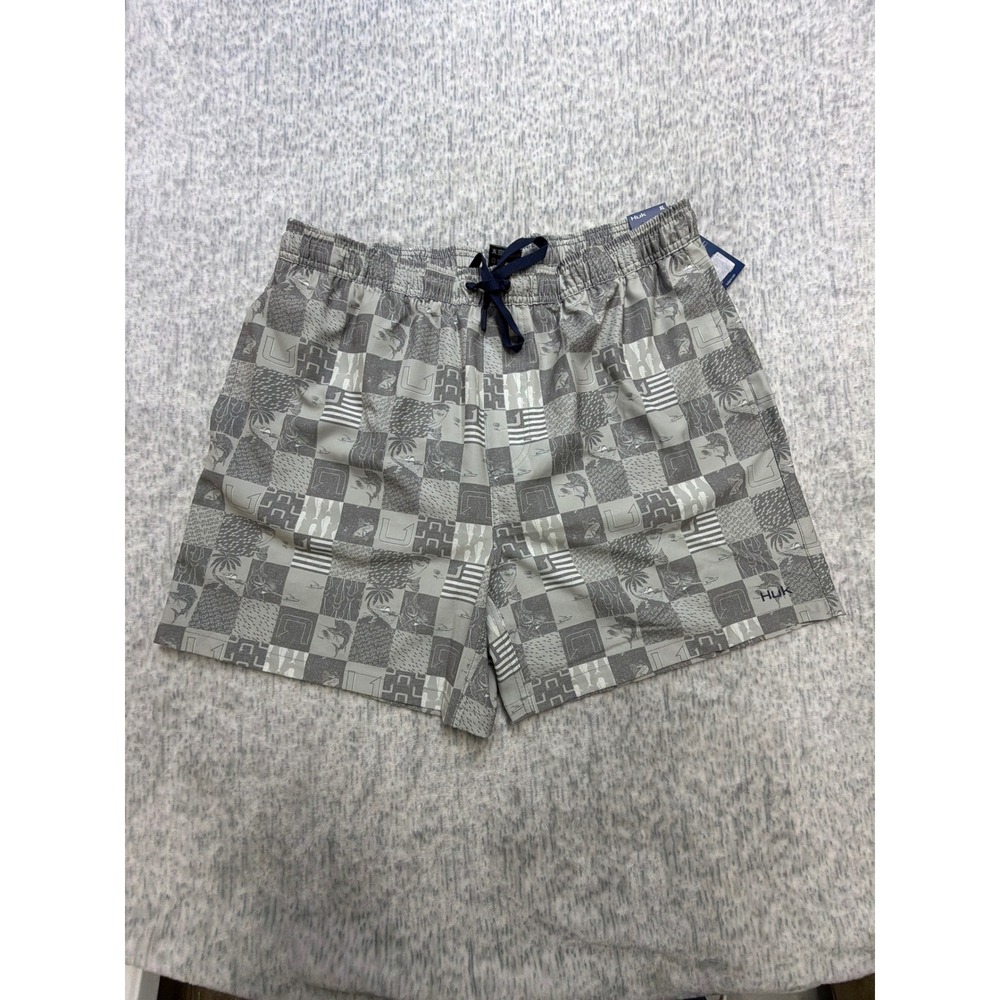 Huk Mens XL Gray Checkered Fish Palm Tree Performance Fishing Shorts 5.5 Inseam